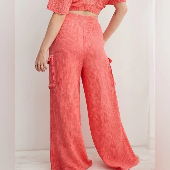 Aerie Women’s Haute Coral Gauzy High Waisted Cargo Pants, Size XS - Picture 2 of 13